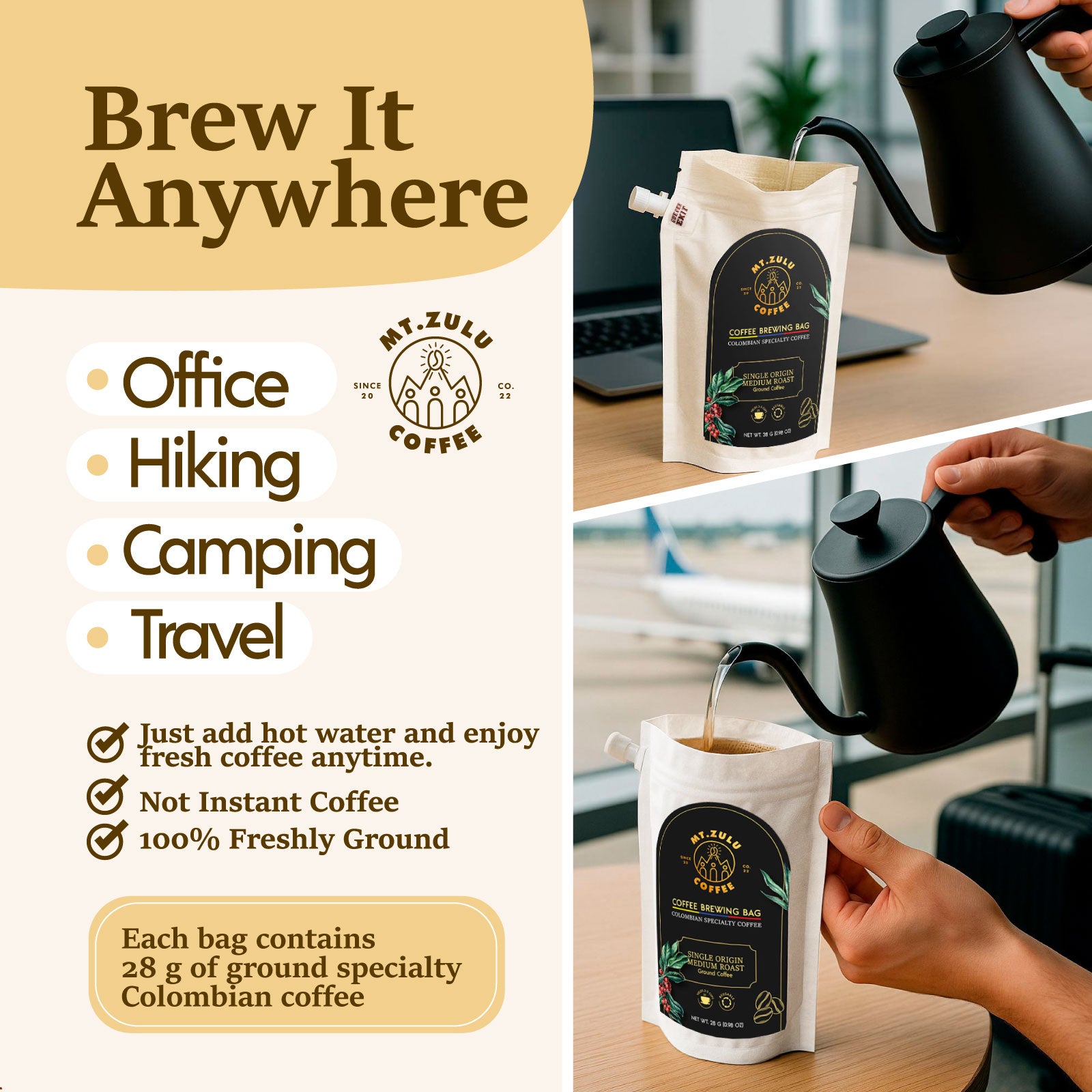 Coffee Brewing Bag Reusable & Prefilled, Colombian Gourmet – Mount