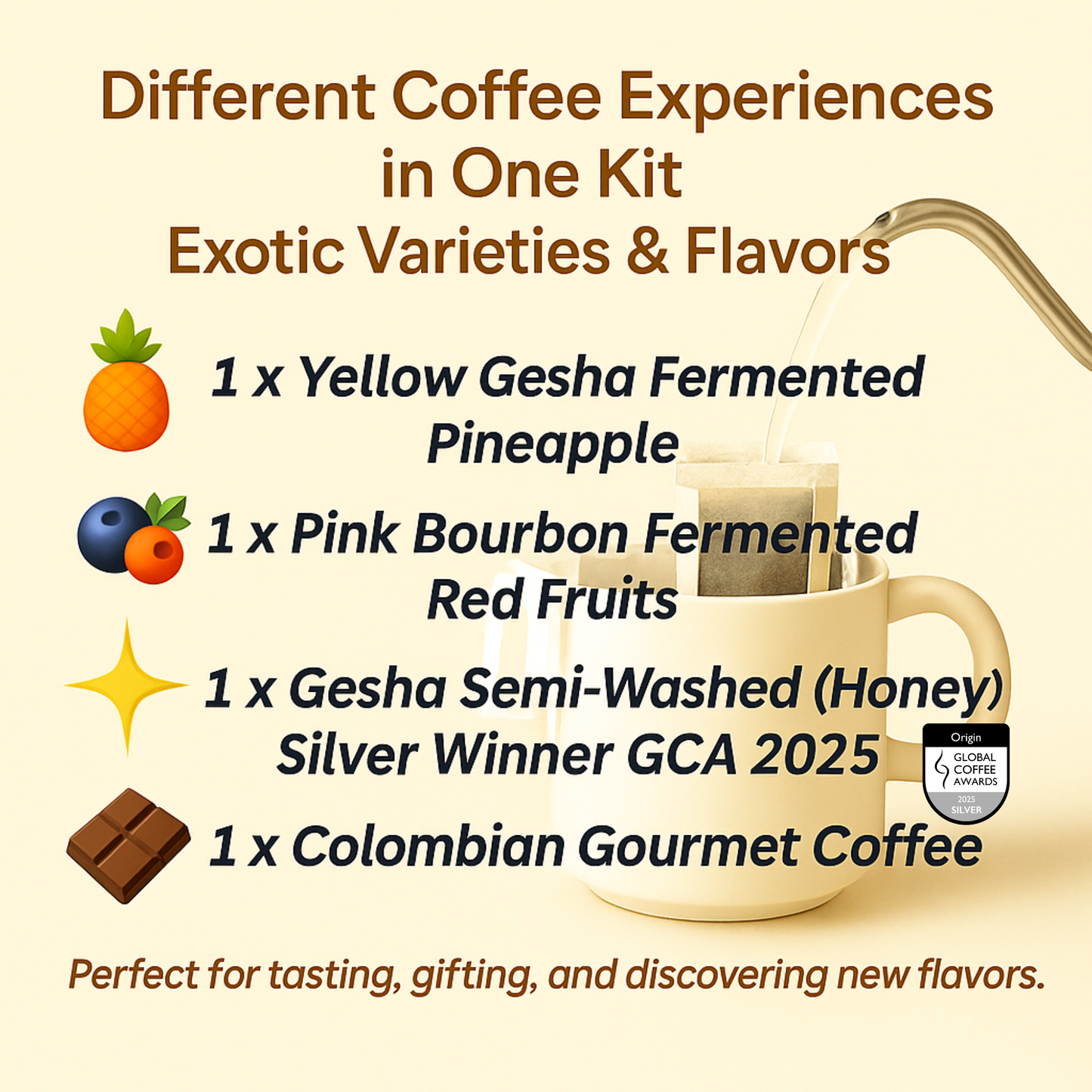 Café de filtro individual – Paquete de 4 unidades precargadas, variedad colombiana, café de especialidad de origen único