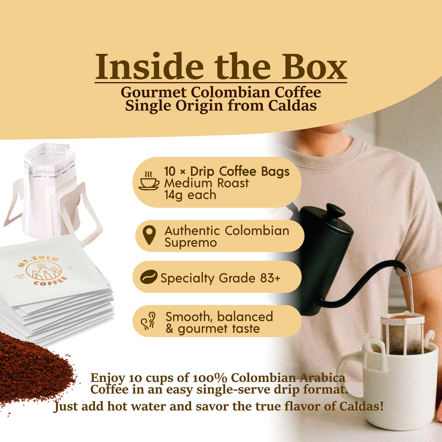 Café de goteo individual, gourmet colombiano